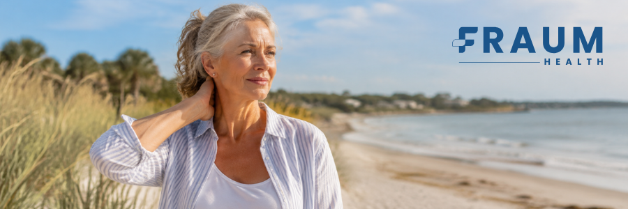 Older woman holding her neck, illustrating neck pain that may contribute to headaches